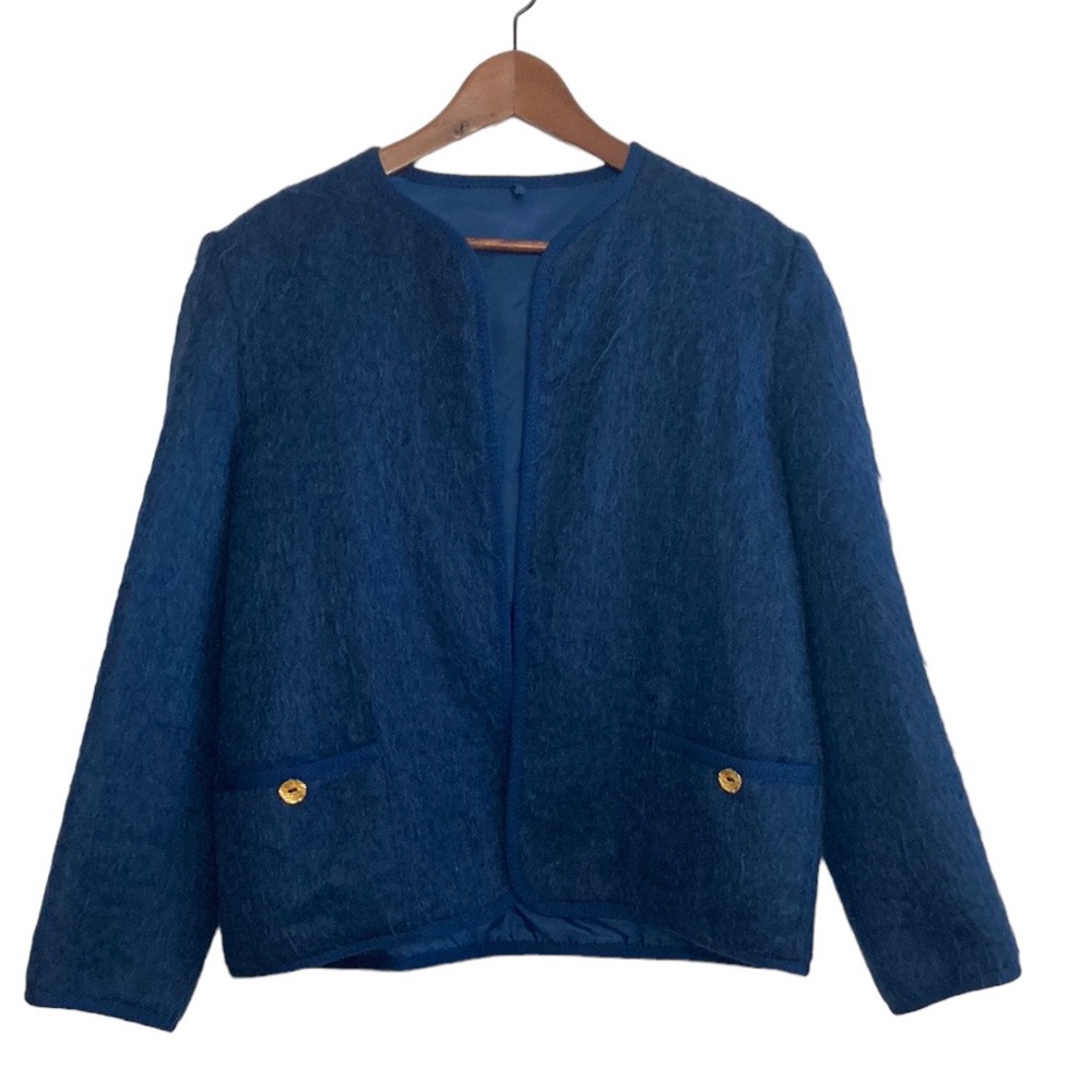 Vintage Wool Mohair Sweater Womens 12 Blue Fuzzy Coatigan Made in Scotland